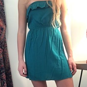 strapless teal dress